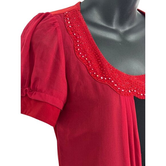 Burberry London Large Red Embellished Blouse Top Short Sleeve Scalloped Neck - Picture 5 of 8